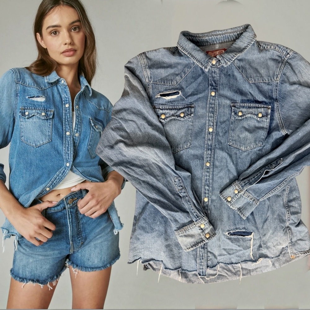 Lucky Brand Denim Shirt Pearl Snap Distressed Western Raw Hem Blue Large